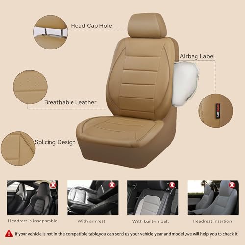 Image of CAR PASS Piping Leather Seat Cover,Universal FIT with Composite Sponge Inside,Airbag Compatible and Reserved Opening Holes,Inside zipper for Cars,Sedan,SUV,Truck(Full Set,Beige with Tan Piping-Stripe)