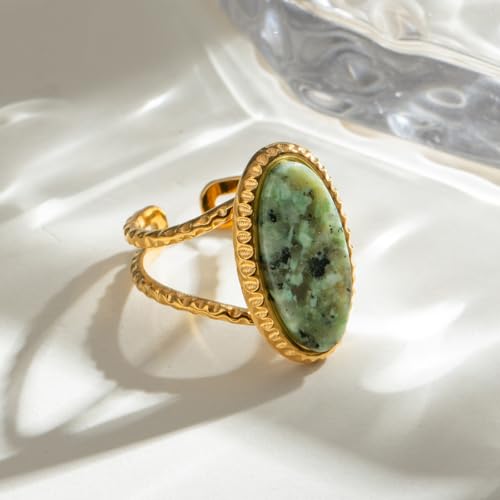 Geometric Oval Statement Ring for Women Gold Plated Titanium Steel Retro Stone Adjustable Open Band Wrap Finger Rings Comfirm Fit Boho Vintage Wedding Engagement Jewelry Gift4