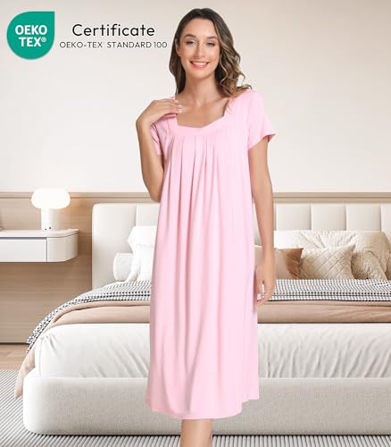 Image of NACHILA Bamboo Viscose Nightgowns for Women Cooling Short Sleeve Sleepshirt | Tagless design, Stretchy nightshirt, Anti-pilling, Shrink-resistant, Lightweight moisture-wicking sleepwear for night sweats