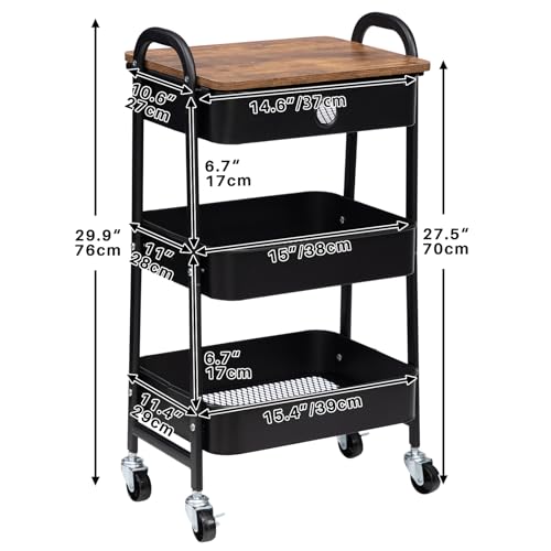 DOEWORKS Metal Storage Cart with Drawer, 3-Tier Trolley Cart on Wheels, Rolling Storage Trolley for Room, Bathroom, Office, Black