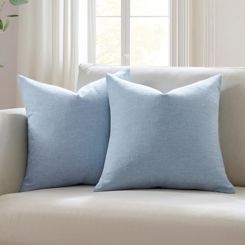 Meekio Set of 2 Sky Blue Throw Pillow Covers 18x18, Coastal Linen Blend Decorative Pillow Covers for Couch Sofa Bed, Beach House Farmhouse Decor