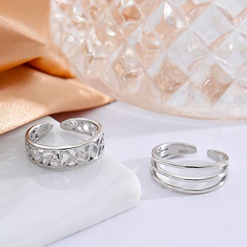 Honsny 925 Sterling Silver Toe Rings For Women, Adjustable Open Cuff Toe Ring For Teen Girls, Simple Beach Band 925 Silver Toe Ring Set Summer Toe Jewelry #TOP5