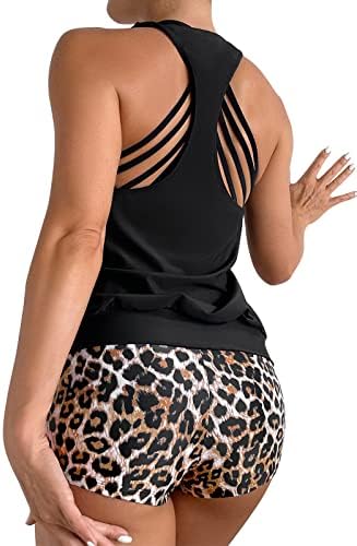 Pesnllov 3 Piece Tankini Swimsuits for Women Athletic Bathing Suits Blouson Swim Tank Tops with Sports Bra and Boy Shorts Black Leopard S