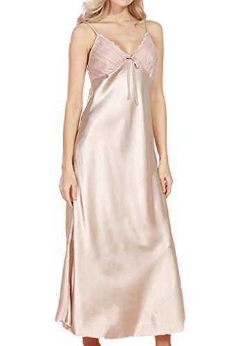 ASHER FASHION Women's Sexy Satin Long Nightgown Lace Slip Lingerie Chemise Robes Camel US 0-2 = Tag S
