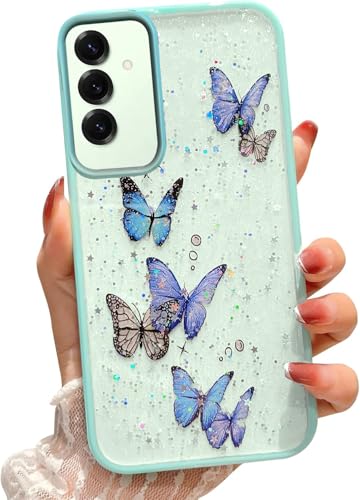Image of VONZEE for Samsung Galaxy S25 Plus 5G Clear Glitter Butterfly Case, Cute Bling Sparkle Shiny Soft Silicone TPU Bumper Shockproof Women Girls Slim Protective Phone Cover for Galaxy S25 Plus 5G, Mint