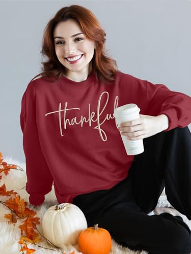 Thanksgiving Sweatshirts for Women Thankful Sweatshirt 2025 Trendy Fall Embroidered Graphic Pullover Top