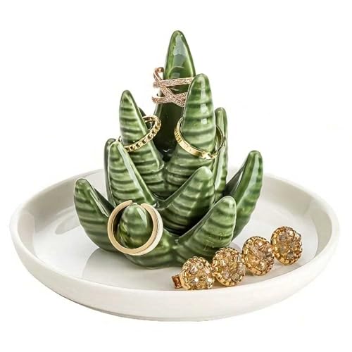 CXQRR Ceramic-Aloe-Ring-Holder-Cactus-Ring-Holder, Jewelry Dish Holder Trinket Tray for Rings Earrings Necklace Organizer for Women Valentines Christmas Birthday Gift