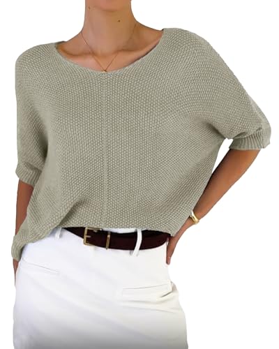 Women's 2025 Fall Fashion Sweaters V Neck Batwing Half Sleeve Lightweight Sweater Pullovers Trendy Knit Tops