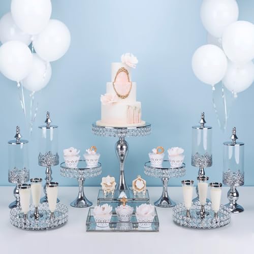 Gdrasuya10 11 Pcs Crystal Silver Cake Stand Set, Elegant Dessert Display Cake Stands Tray Round Silver Cupcake Stand with Mirror Plate Fruit Plate Display Tower for Birthday Present Christmas Party