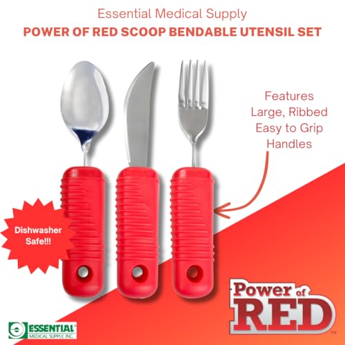 Essential Medical Supply Power of Red Adaptive Utensil Set - Bendable Fork, Spoon, and Rocker Knife with Large Soft Handles for Arthritis, Orthopedic Recover and Elderly Individuals - Image 4