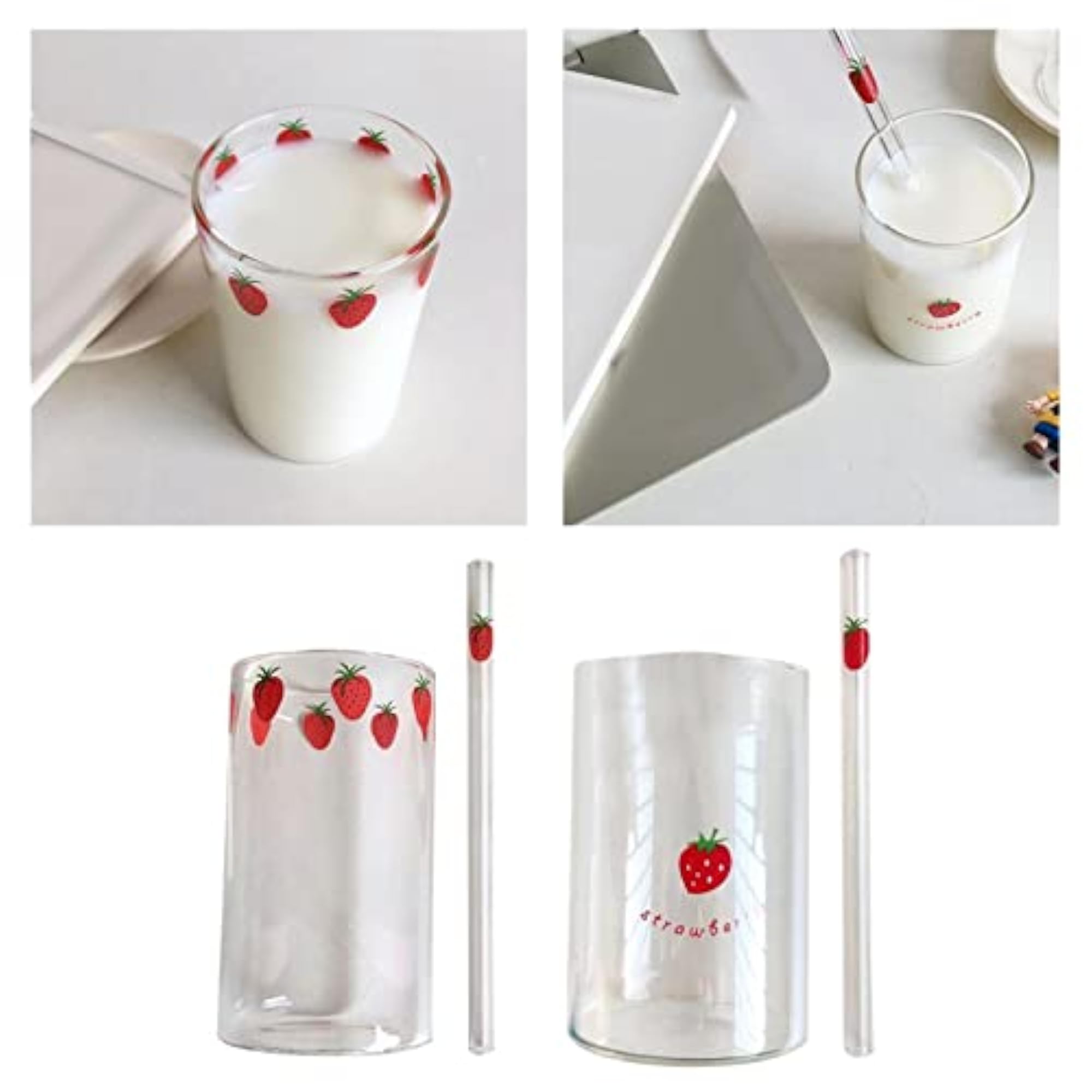 Strawberry Glass Cup with Straw, Transparent Drinking Cup