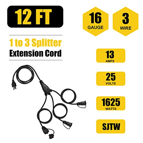 Ep Outdoor Extension Cord 1 To 3 Splitter, Max 6Ft End To End (12Ft Total), 3 Prong Outlets Plugs, 16/3 Sjtw Weatherproof Wire For Christmas Landscape String Lights, Black #TOP1