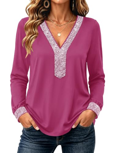 Micoson Business Casual Tops Sequin Elegant Shirts Long Sleeve Rose Pink XL