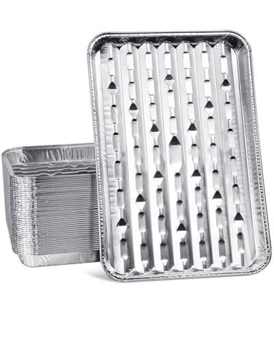 Matchwaves 25Pcs Broiler Pans for BBQ Grill 9x13 Grill Pan Liners with Ribbed Surface Disposable Aluminum Foil Trays for Oven Without Hole