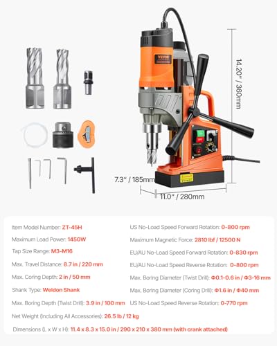 Image of VEVOR Magnetic Drill, 1450W Motor 1.6 in Boring Diameter, 2810 lbf Portable Electric Mag Drill Press, with 2 Coring Bits, Variable Speed, Drilling Machine for Metal Surface, Home Improvement Industry