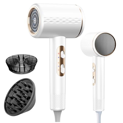 Secador de Pelo Ionico, 2400W Secador Portátil, Secado Rápido, 3 Temperaturas/2 Velocidades, 2 Concentradores y 1 Difusor, Secador de Pelo Ligero para Salón de Casa, Viajes, Mujeres, Niños (Blanco)