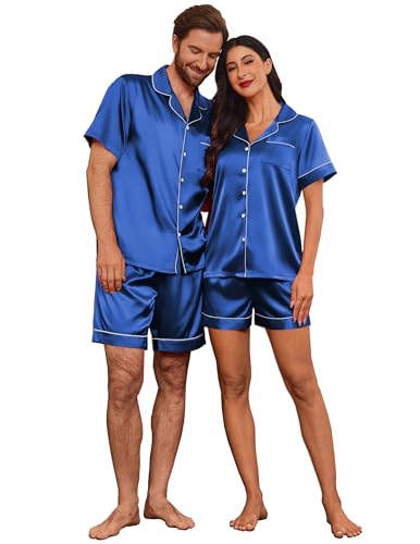 Image of Ekouaer Couple Matching Pajamas Sets Silk Short Sleeve Button Down Sleepwear Satin Pjs Shorts Set Soft Loungewear S-XXL
