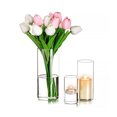 Romadedi Portavelas de cristal con base - Juego de 3 jarrones de cristal, jarrón, portavelas para velas, decoración de 10/15/20 cm Cover