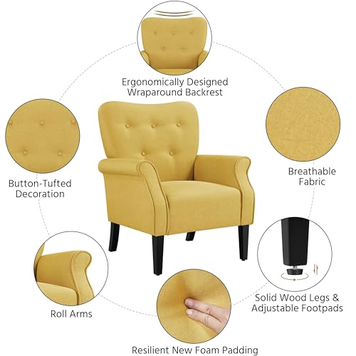 Yaheetech Modern Armchair, Mid Century Accent Sofa Chair with Sturdy Wood Legs and High Back, Upholstered Fabric Sofa Club Chair for Living Room/Bedroom/Office, Yellow by Yaheetech - Image 5