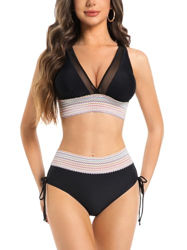 Women High Waisted Bikini Sets Tummy Control Swimsuits Colorful Wave Color Block Swimwear Two Piece Drawstring Bathing Suit2