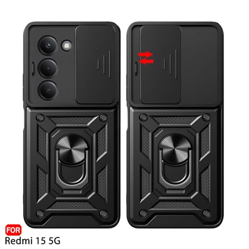 Image of TheGiftKart Tough Armor Bumper Back Cover Case for Mi Redmi 15 5G | Sliding Camera Cover, Kickstand & Ring Holder | 360 Degree Protection Back Cover Case for Redmi 15 5G (PC & TPU, Black)