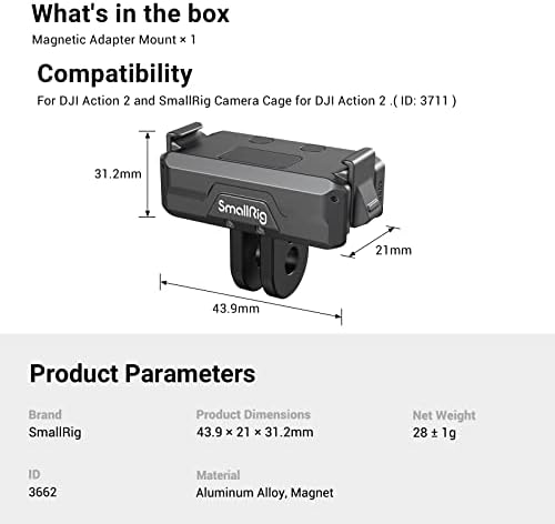 SMALLRIG Magnetic Adapter Mount for DJI Osmo Action 3 / Action 2 with a Foldable Connector and a 1/4'' Threaded Hole - 3662