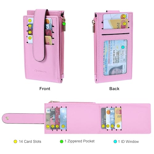 Image of Chelmon Women's RFID Slim Card Holder Wallet | Thin Bifold Multi Card Case with Zipper Coin Pocket Purse for Women(Pink)