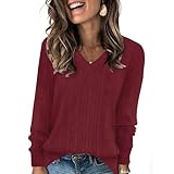 Jersey Mujer Otoño Algodon Camisetas Manga Larga Mujer Basicas Elegante Sueter Cuello V Primavera Casual Blusa Camiseta Interior Otoño Tallas Grandes Punto Sweater Top Vino M