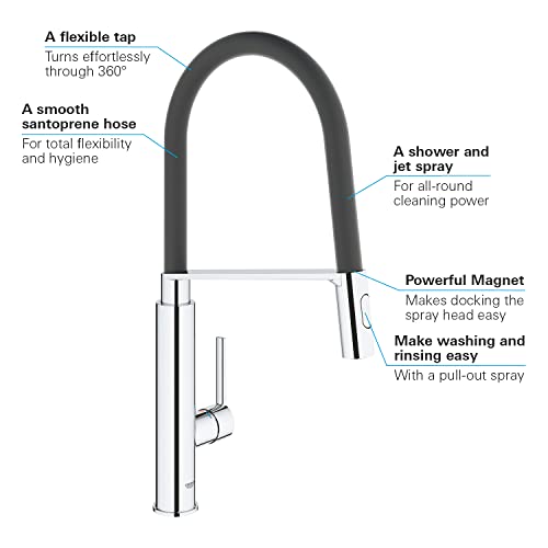 GROHE Feel, Profi Küchenarmatur mit 2 Strahlarten (Wasserhahn für die Küche mit ausziehbarer Profibrause und magnetischem Docking, 360° schwenkbar, werkzeugfreie Montage), chrom, 31489000