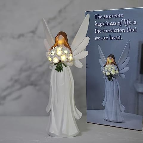 Starryfill 11.8"(H) Hand-Painted Angel Figurine with Holding 10 LED Warm White Lights Blue Flower and Switch Remote Controller for Women Memory Gifts Home Decor(Antique White) Cover