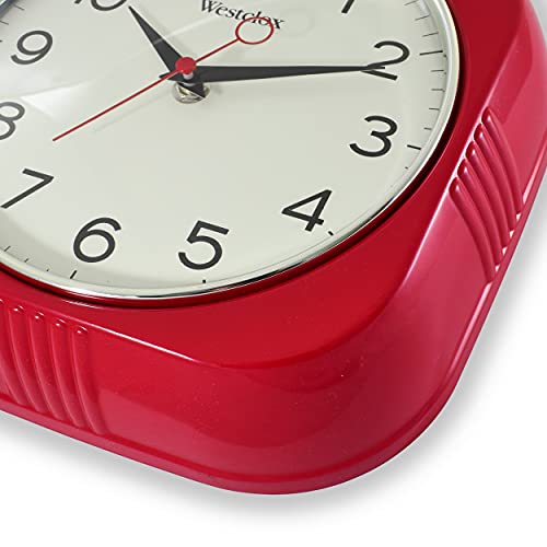 Image of Westclox Retro Square Wall Clock, Vintage 1950s Mid-Century Design for Kitchen, Living Room, or Office - Quiet Quartz Analog Clock with Dome Glass Lens & Chrome Bezel (Red, 9.5 inch)