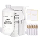 500ml Unscented Lash Shampoo Bulk Refill, Eyelash Cleanser for Extensions & Safe Makeup Remover Kit, Oil-Free Lash Wash for Sensitive Eyes with 2 Bottles & 12 Brushes, Salon & Home Use