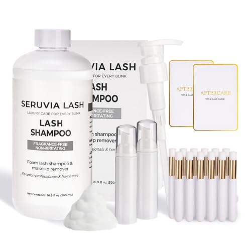 500ml Unscented Lash Shampoo Bulk Refill, Eyelash Cleanser for Extensions & Safe Makeup Remover Kit, Oil-Free Lash Wash for Sensitive Eyes with 2 Bottles & 12 Brushes, Salon & Home Use