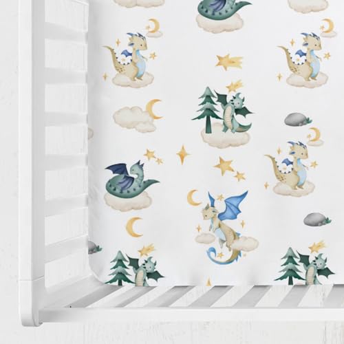 Image of Fairy Tale Dragon Moon Stars Clouds Trees Baby Crib Sheet 52''x28'' Watercolor Dragons Stretchy Fitted Crib Mattress Cover for Boy Girl Bed Sheet for Standard Toddler Mattress, 4258107