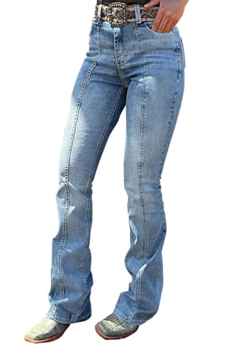 Women's Star Print Slim Fit Spliced Leg Stretch Flare Jeans (Belt Not Included)