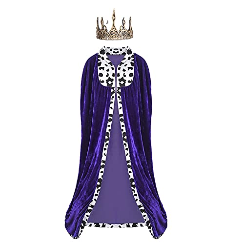 Proumhang Cape de Prince Ensemble Cape de Prince Costume Roi avec Couronne Dorée Adulte Homme Femme Déguisement Costume Halloween Noël Violet 150 cm