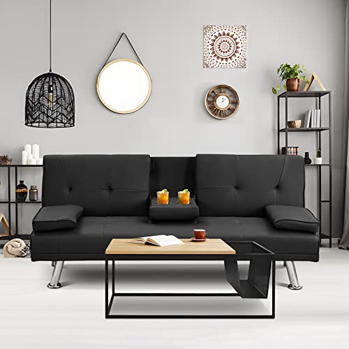 Antetek Futon Sofa Bed, Modern Convertible Upholstered Faux Leather Loveseat Sleeper Sofa Couch W/7 Adjustable Positions, Cup Holder For Living Room, Bedroom, Studio, Office, Black #TOP21