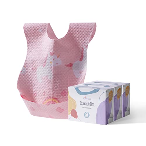 Image of SUNVENO Disposable Baby Bibs with Crumb Catcher Pocket, Leakproof Liner, Adjustable Adhesive Tabs, Individually Wrapped