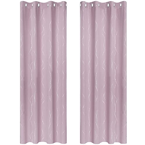 Deconovo Lot de 2 Rideaux Occultant Rose Pale pour Enfant Fille Isolant Thermique Anti Froid Rideaux à Oeillets Les Point-Lignes Imprimés Argents 140x180cm
