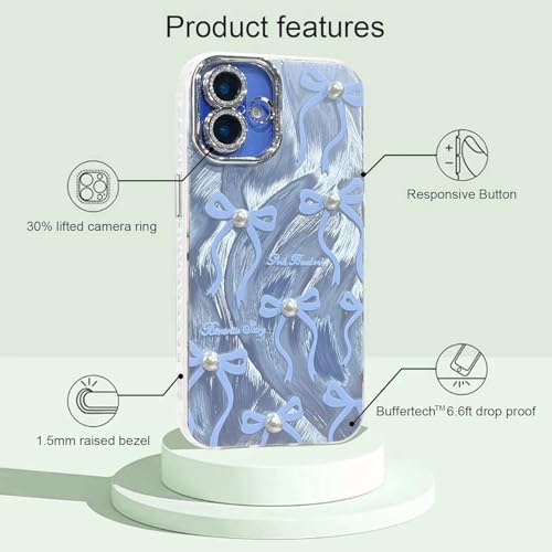 Image of VONZEE Compatible with iPhone 16 6.1'' Case Luxury Pink Girly Cute 3D Bow Pearl Glitter Bling Case with Full Camera Protection Shockproof PC+TPU Glossy Shiny Cover for Girls Women, Blue