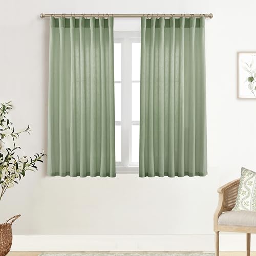 Image of XTMYI Sage Green Back Tab /Hook Belt Linen Cotton Sheer Curtains 45 Inch Length for Bathroom Bedroom 2 Panels Set
