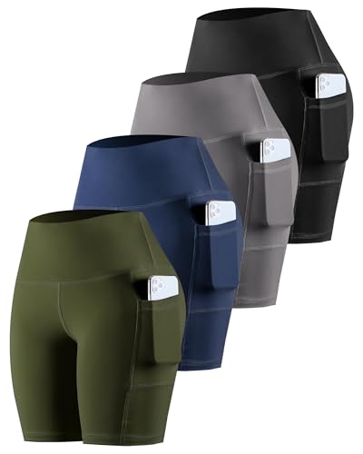 CHRLEISURE Womens Biker Yoga Shorts with Pockets: High Waisted Tummy Control Spandex Workout Athletic Gym Shorts 4 Packs