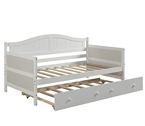 Windaze Twin Daybed with Trundle, Solid Wood Platform Bed Frame for Kids Teens and Adults with Slats Support No Box Spring Needed, White