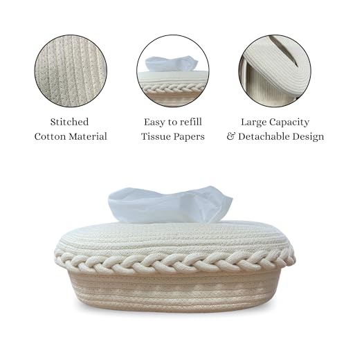 Image of BOBBINY Jute Cotton Tissue Box Holder, Handcrafted Tissue Container for 100 Pulls Natural Tissue Holder for Office Living Bedroom Car Desk Dining Table Home Decor (Off White, Design 2)