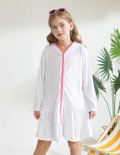Image of Girls Swim Cover Up Kids Long Sleeve Swimsuit Coverup Terry Beach Pool Clothes with Sunglasses
