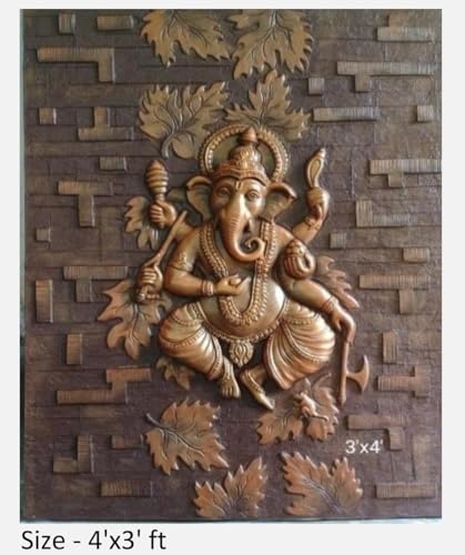 Image of NATURE SQUARE Ganpati 3D Elevation Fiber Relief || Mural Wall Art Decor - 4x3 Feet ||