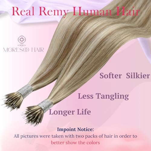 Moresoo Nano Hair Extensions Real Human Hair Highlights Light Brown with Platinum Blonde Nano Tip Hair Extensions Real Human Hair 1g/s 50G/Pack #P9A/60 14 Inch - Image 2