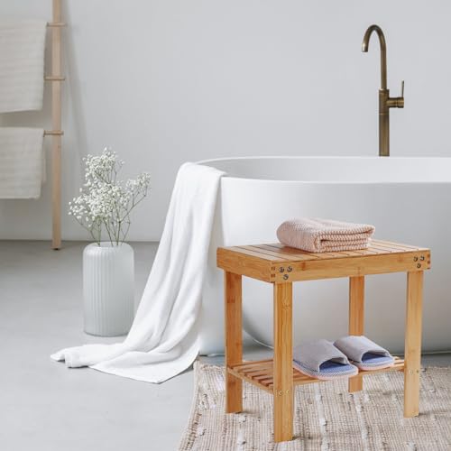 Taburete de madera de bambú resistente con pies antideslizantes para el baño 3