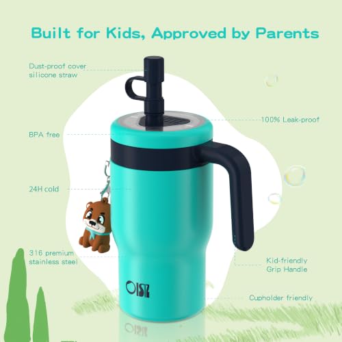 Image of OISIZ 14oz Kids Tumbler with Straw Lid & Handle,Kids Cup with Animal Accessory for School,Kids Water Bottles with Dust-proof Cover,Leakproof Bottles,316 Stainless Steel,Keep Cold 24 Hours-dark green
