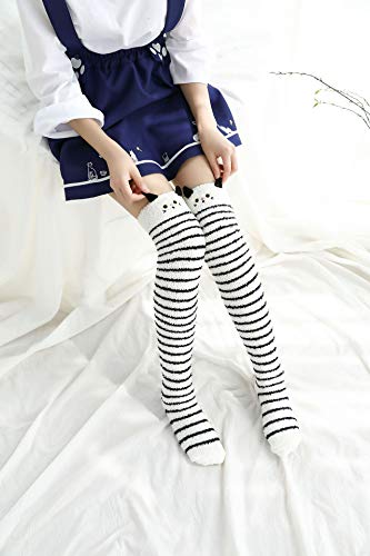 Image of Wander G Womens Over Knee High Fuzzy Socks Cute Cartoon Thigh High Stockings Warm Stripe Leg Warmers